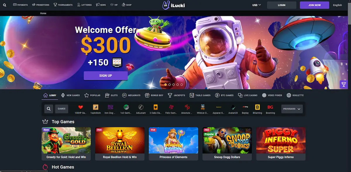 iLucki Casino lobby with top slots and game categories