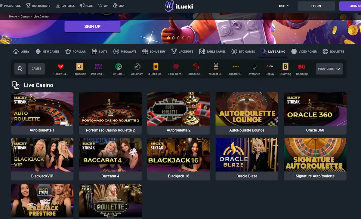 iLucki live casino tables streamed by Evolution Gaming dealers