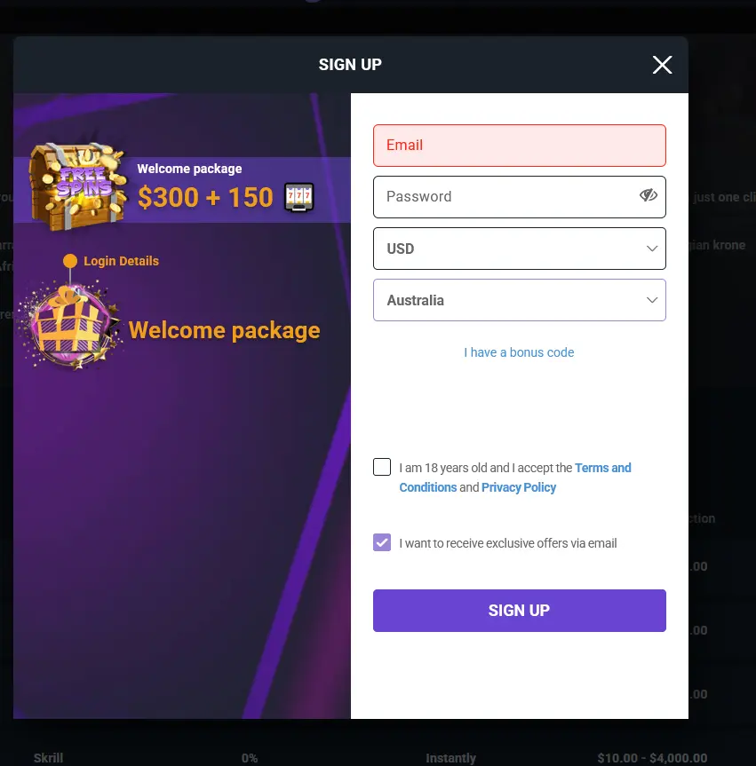 iLucki registration form for creating a new casino account